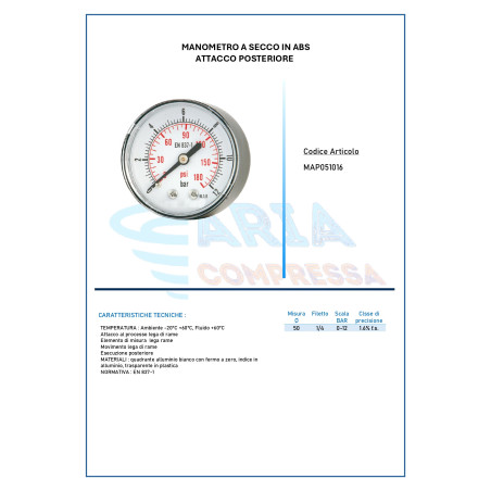 MANOMETRO ABS D.50 1/4" POST. 0-12 BAR